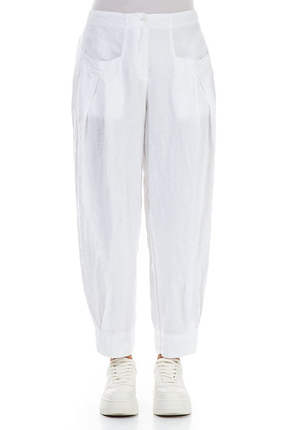 Tapered Pockets White Linen Trousers 1