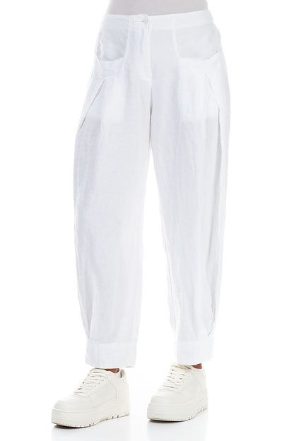 Tapered Pockets White Linen Trousers 3