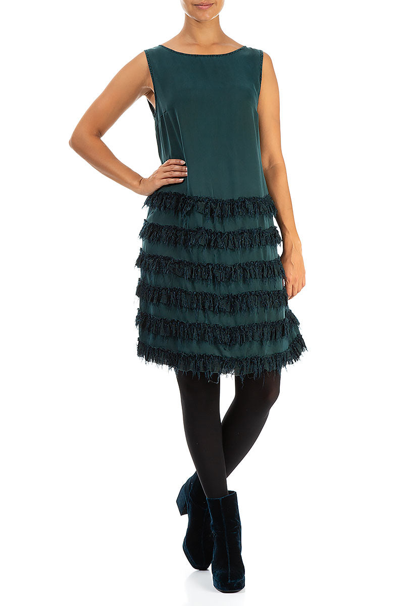 Teal Fringe Silk Dress 4