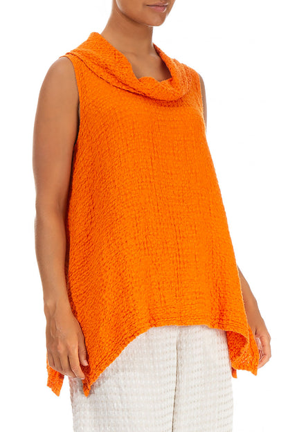 Textured Cowl Neck Sleeveless Neon Orange Linen Tunic 3