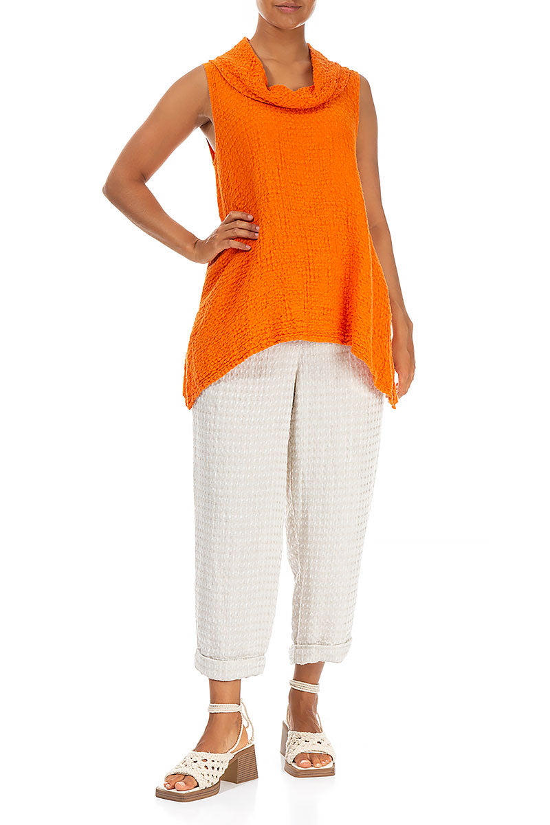 Textured Cowl Neck Sleeveless Neon Orange Linen Tunic 4