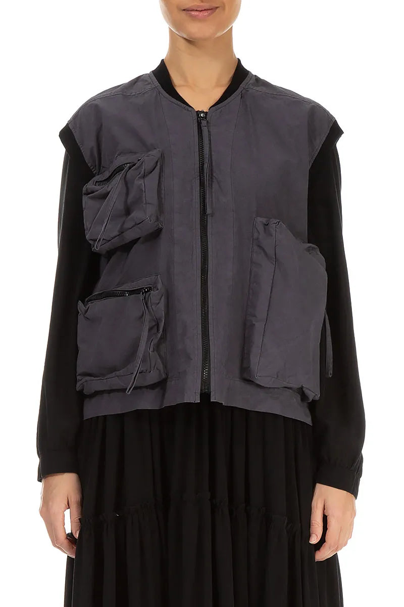 Drei-Taschen-Weste aus schwarzem und silbernem Baumwollgewebe