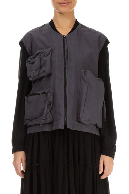 Drei-Taschen-Weste aus schwarzem und silbernem Baumwollgewebe