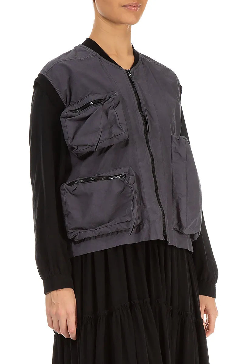 Drei-Taschen-Weste aus schwarzem und silbernem Baumwollgewebe