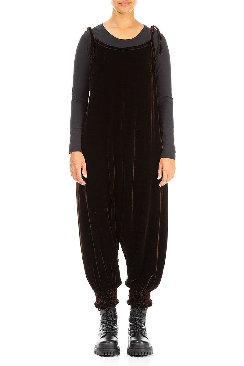 Tie Strap Chocolate Silk Velvet Jumpsuit 1