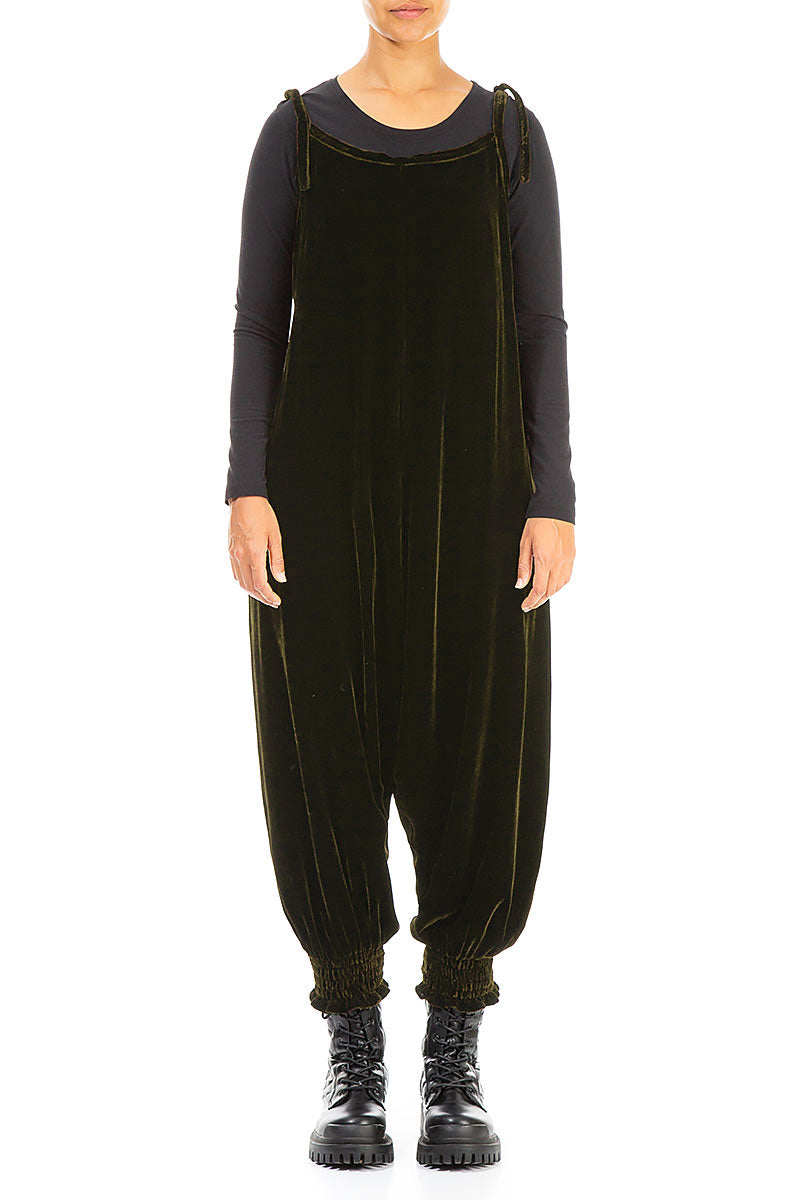 Tie Strap Forest Mist Silk Velvet Jumpsuit 1