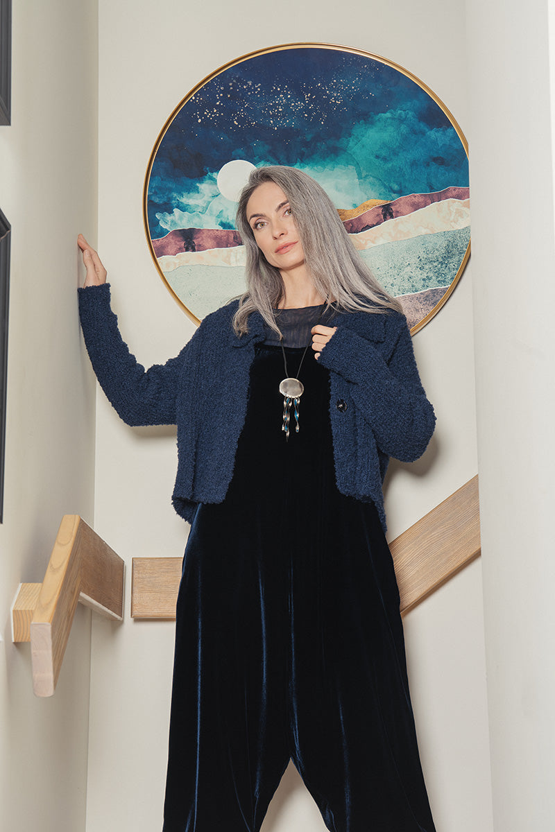 Tie Strap Navy Silk Velvet Jumpsuit 1