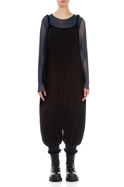 Tie Strap Navy Silk Velvet Jumpsuit 2