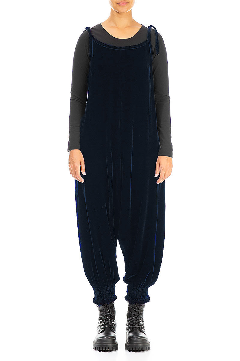Tie Strap Royal Blue Silk Velvet Jumpsuit 1