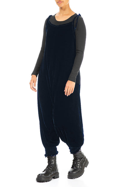 Tie Strap Royal Blue Silk Velvet Jumpsuit 3