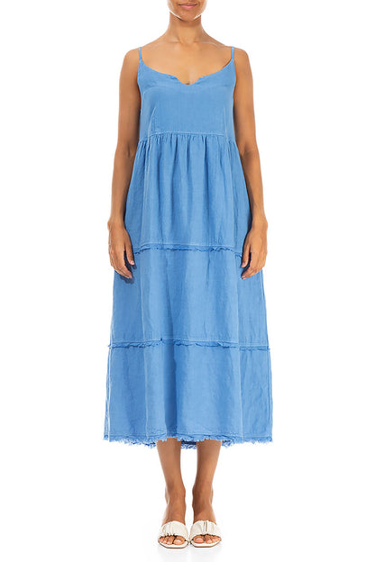 Tie Strap Tiered Cornflower Linen Dress 1