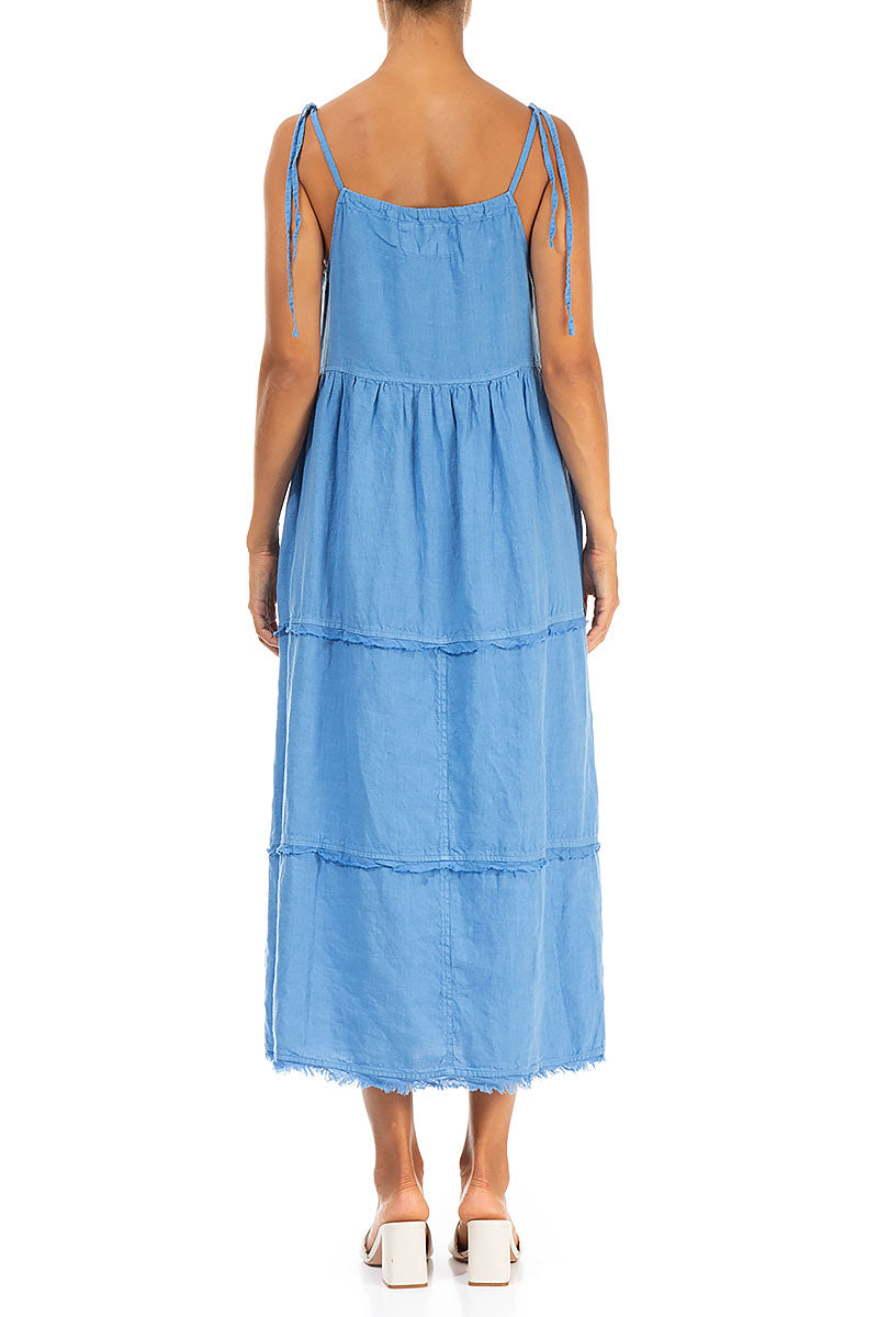 Tie Strap Tiered Cornflower Linen Dress 2