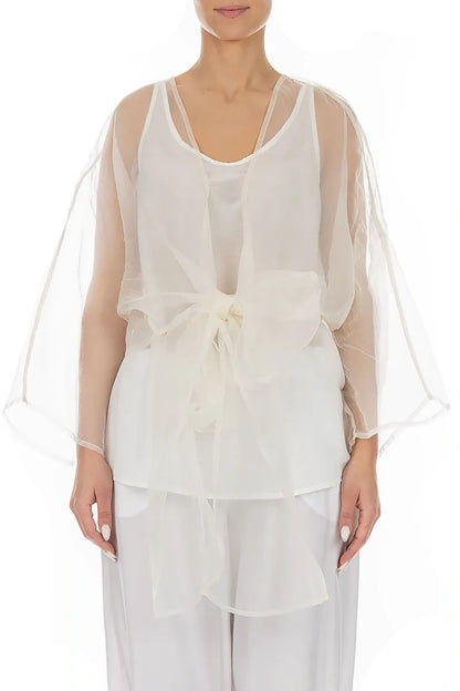 Tie Up White Silk Chiffon Jacket 1
