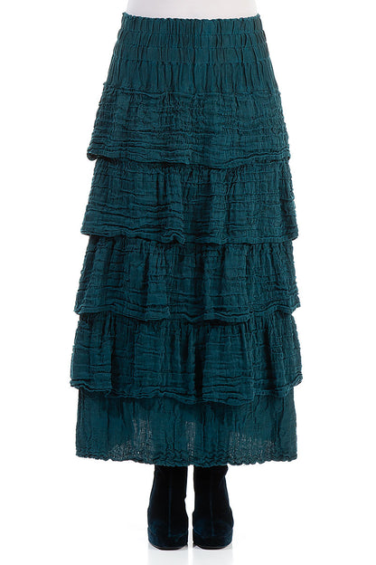 Tiered Crinkled Teal Silk Maxi Skirt 1