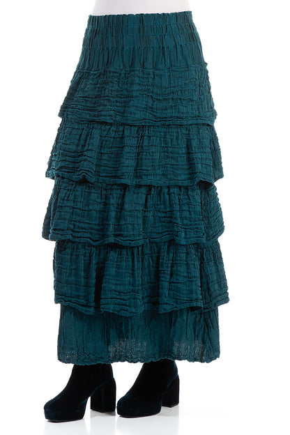 Tiered Crinkled Teal Silk Maxi Skirt 3