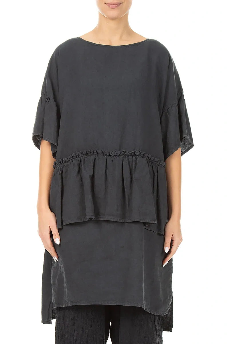 Tiered Graphite Linen Tunic Dress