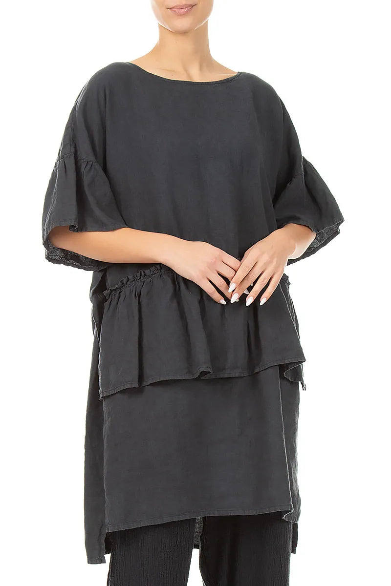 Tiered Graphite Linen Tunic Dress