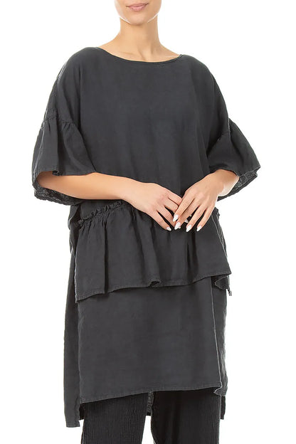 Tiered Graphite Linen Tunic Dress