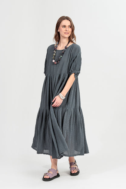 Tiered Graphite Textured Silk Dress