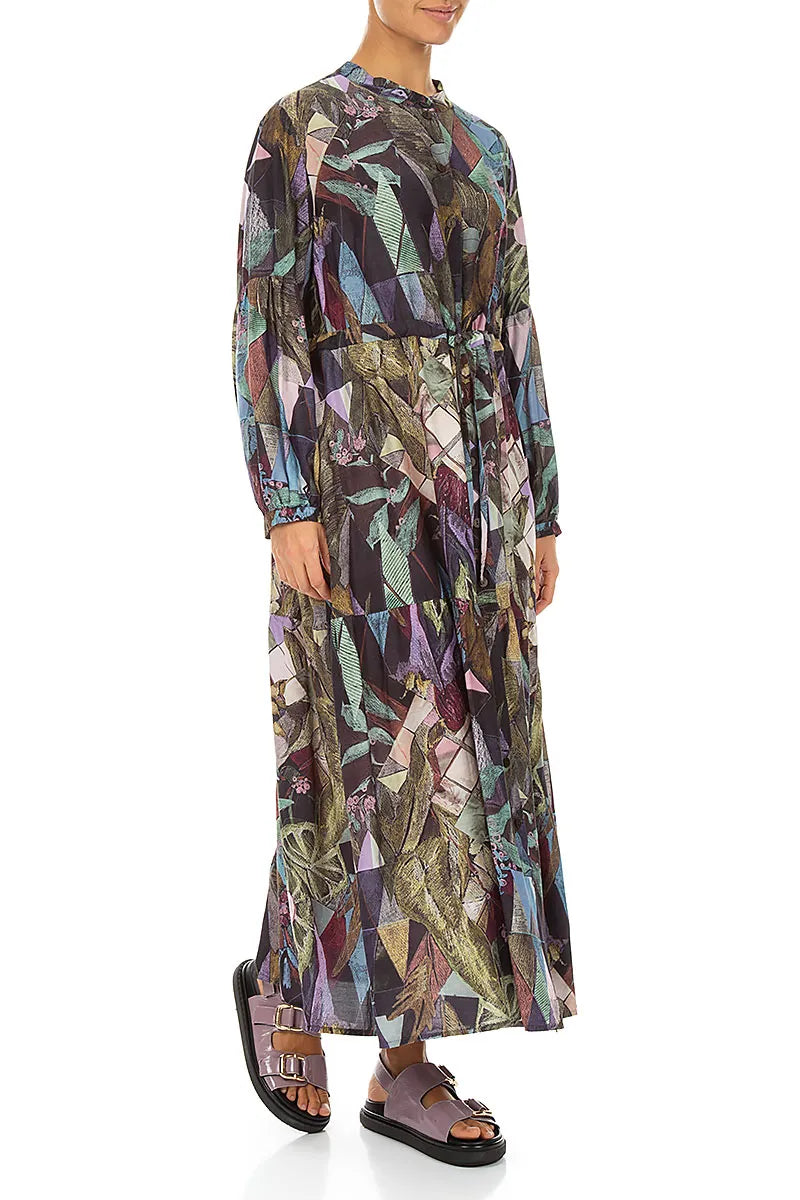 Tiered Tie Up Art Mosaic Silk Bamboo Dress