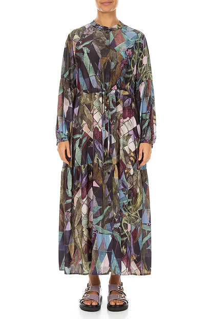 Tiered Tie Up Art Mosaic Silk Bamboo Dress