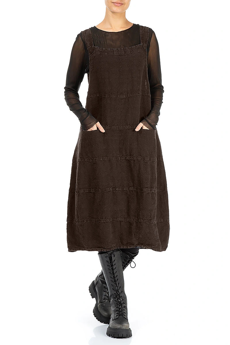 Truffle Brown Patterned Linen Dungaree Dress 4