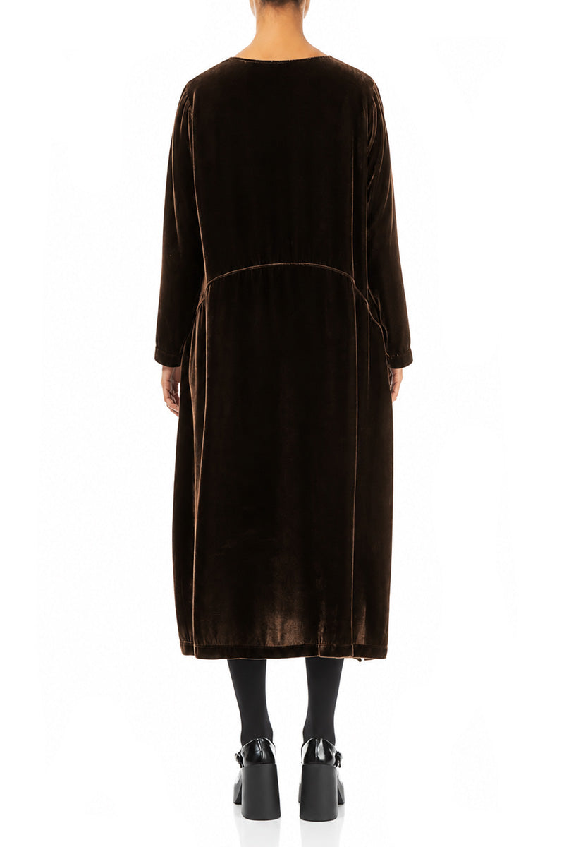 Truffle Brown Silk Velvet Shift Dress