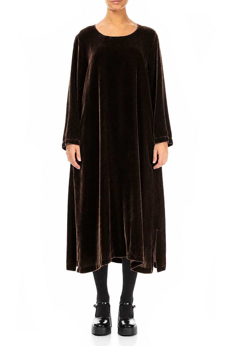 Truffle Brown Silk Velvet Shift Dress 1