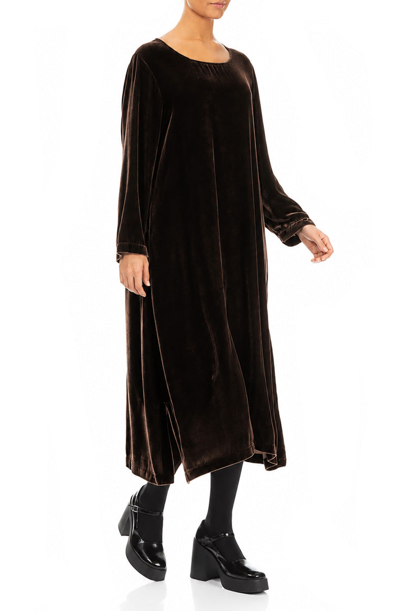 Truffle Brown Silk Velvet Shift Dress 3