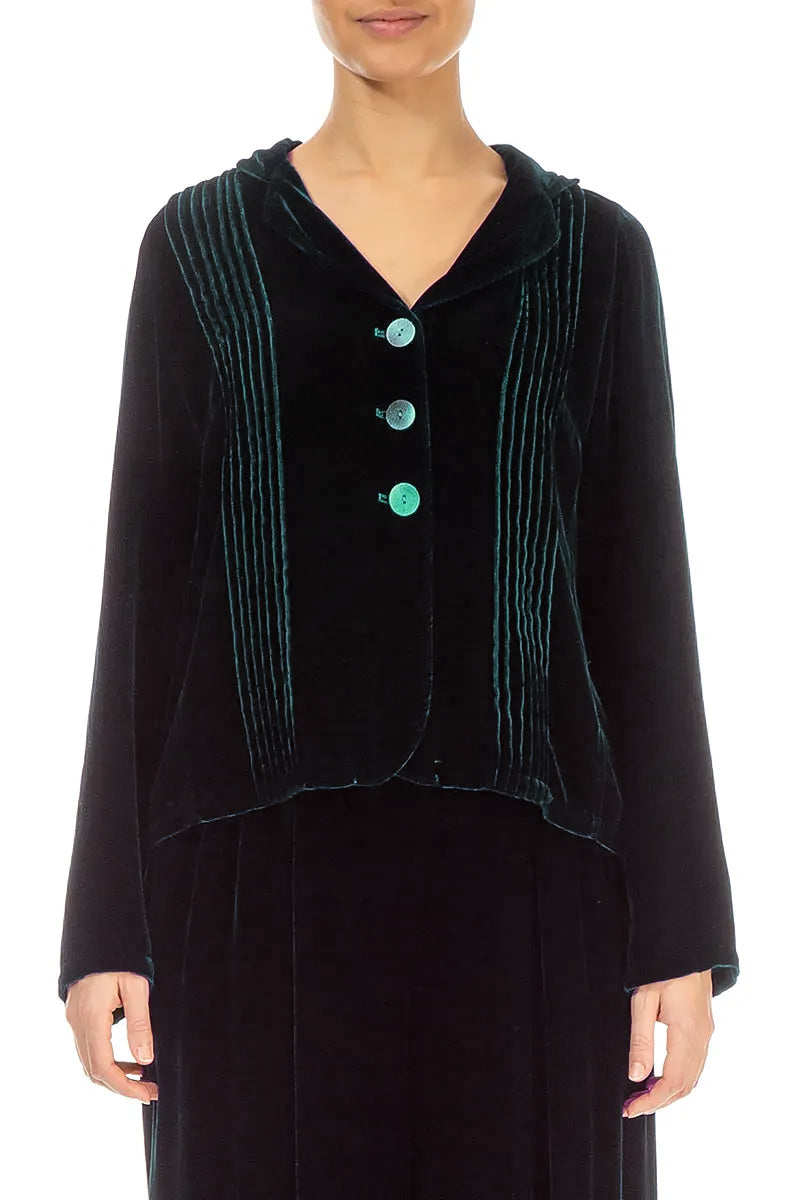 Veste en velours de soie à motif paon à rabat sur le devant