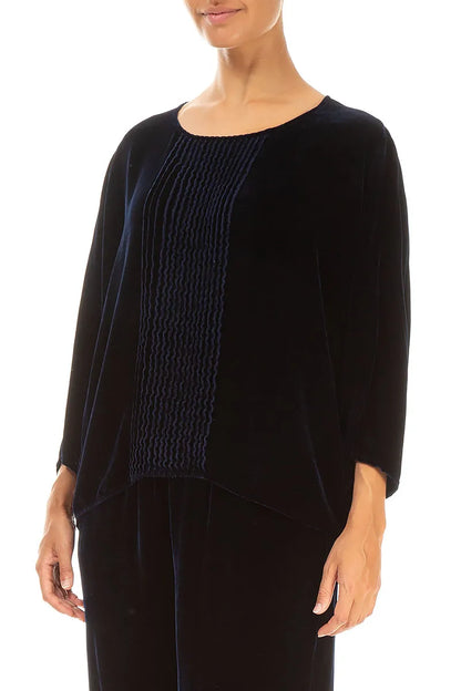 Chemisier en velours de soie bleu royal à plis sur le devant