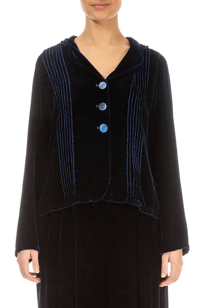 Veste en velours de soie bleu royal à fermeture rentrée sur le devant