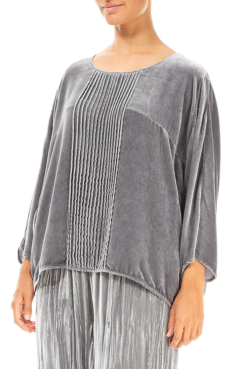 Tuck Front Silver Silk Velvet Blouse 3