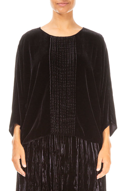 Chemisier en velours de soie bleu ardoise à plis sur le devant