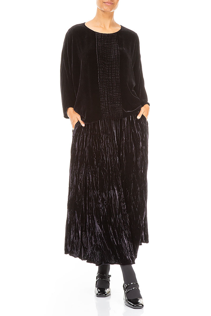 Chemisier en velours de soie bleu ardoise à plis sur le devant