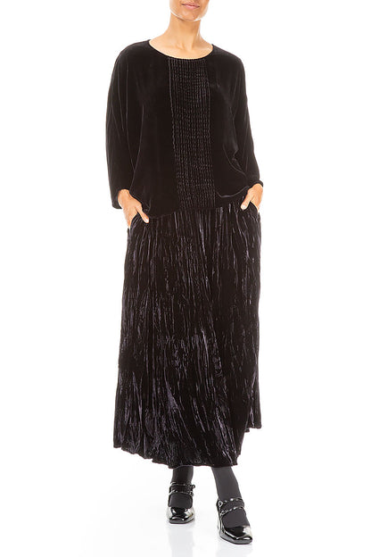 Chemisier en velours de soie bleu ardoise à plis sur le devant