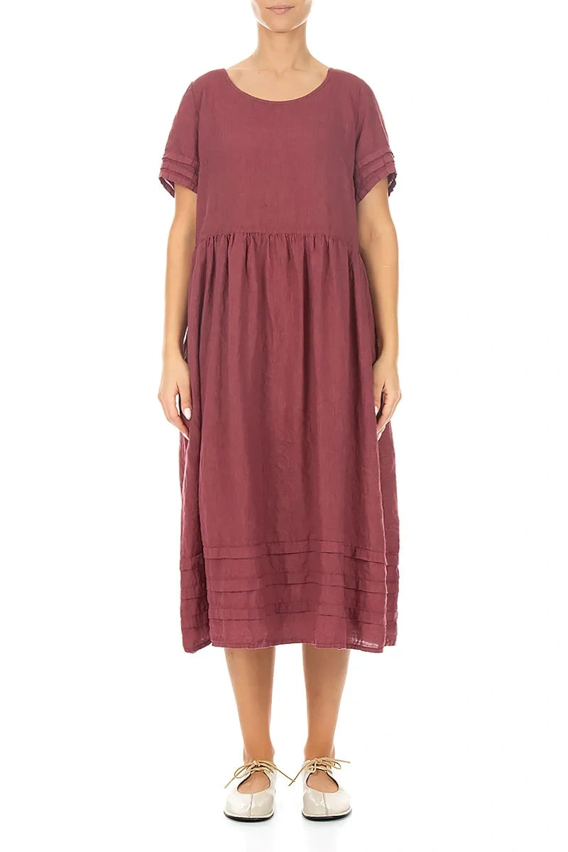 Tucks Decorated Antique Ruby Linen Dress 2