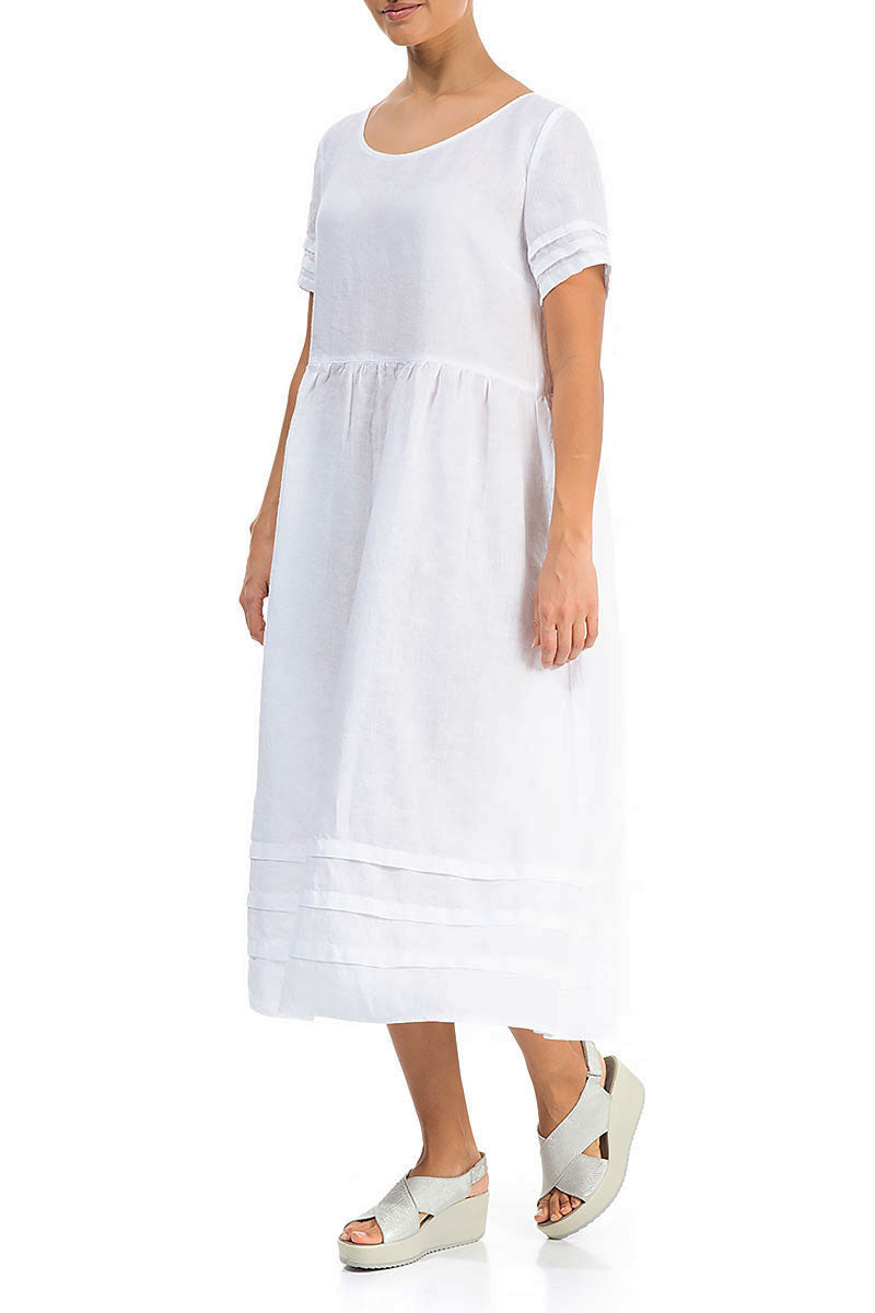 Tucks Decorated White Linen Dress 3