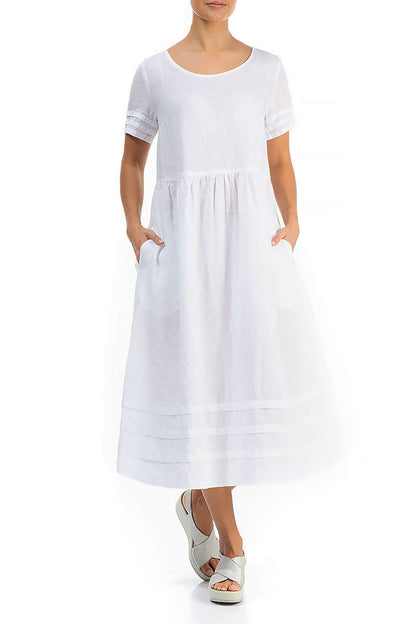Tucks Decorated White Linen Dress 4