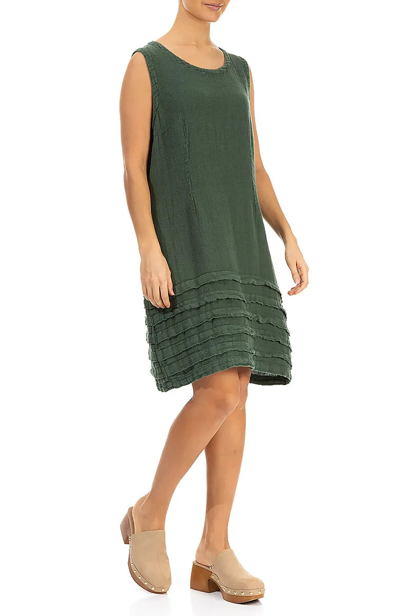 Tucks Hem Short Khaki Linen Dress