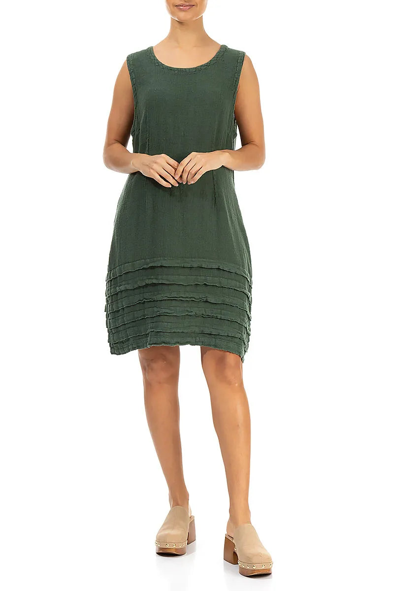 Tucks Hem Short Khaki Linen Dress