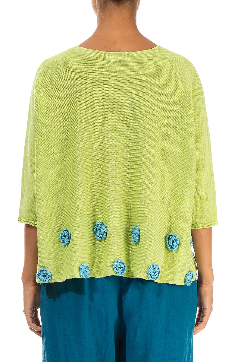 Turquoise Flowers Decorated Lime Linen Jumper 2