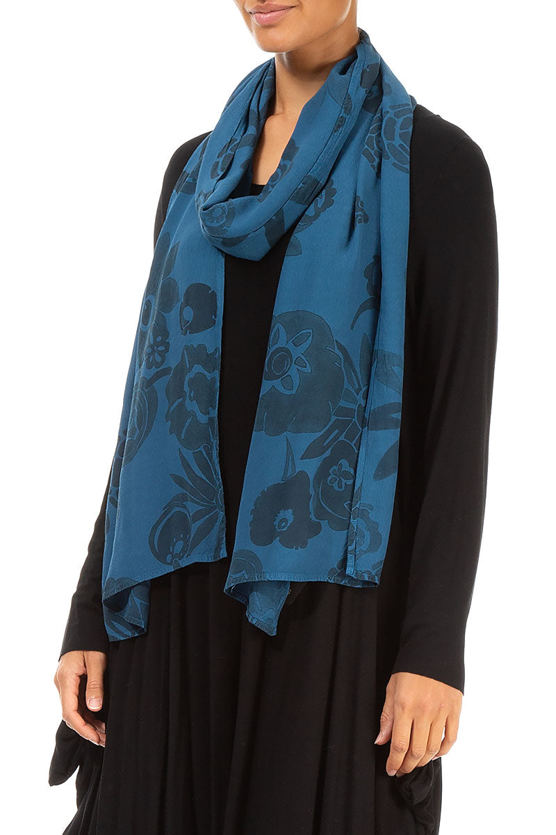 Dark Turquoise Flowers Viscose Scarf 3