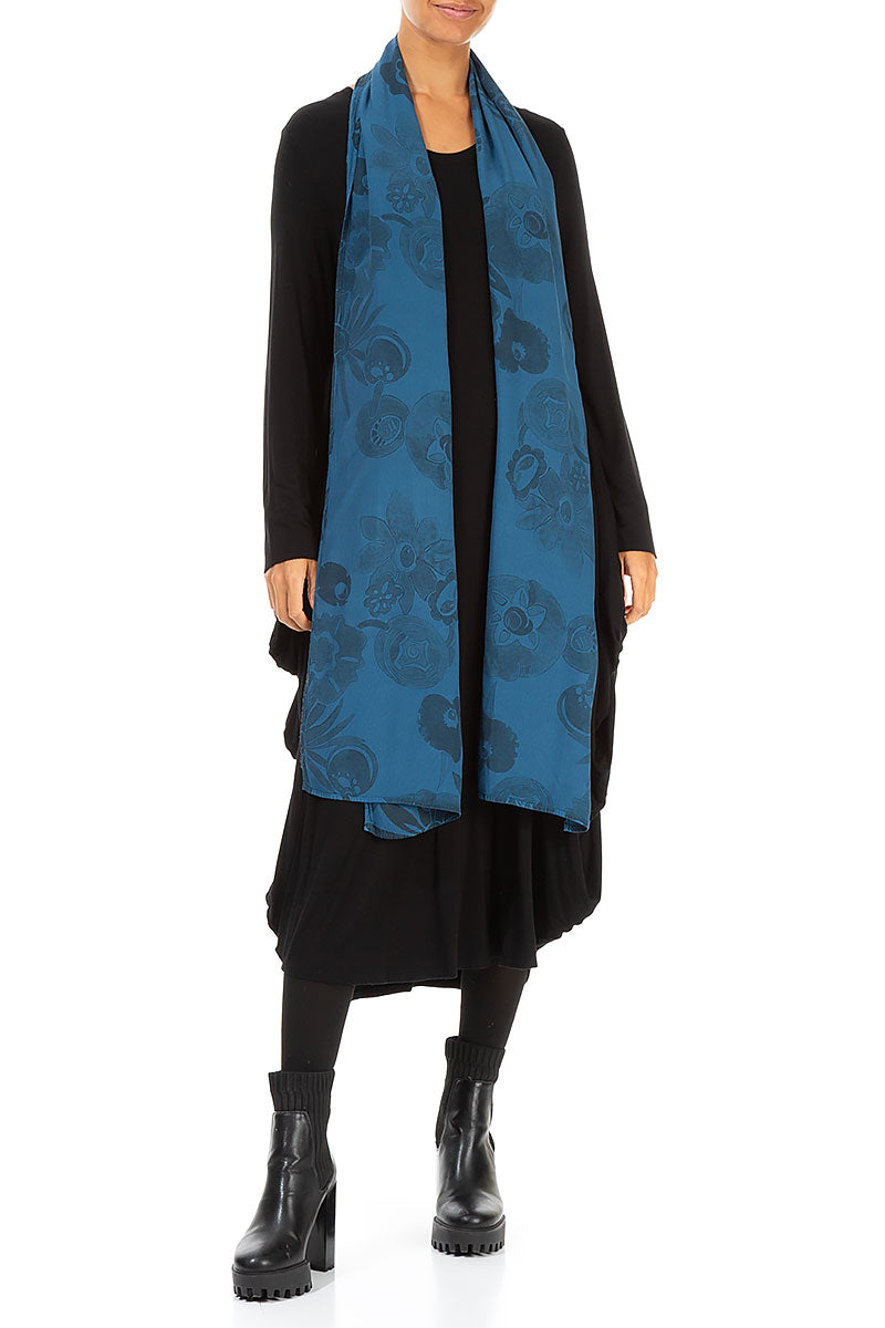 Turquoise Flowers Viscose Scarf 2