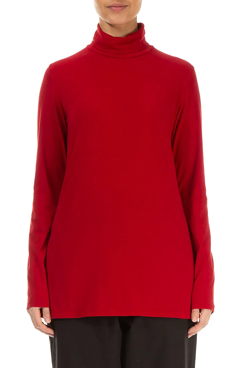 Turtleneck Cherry Red Cotton Blouse