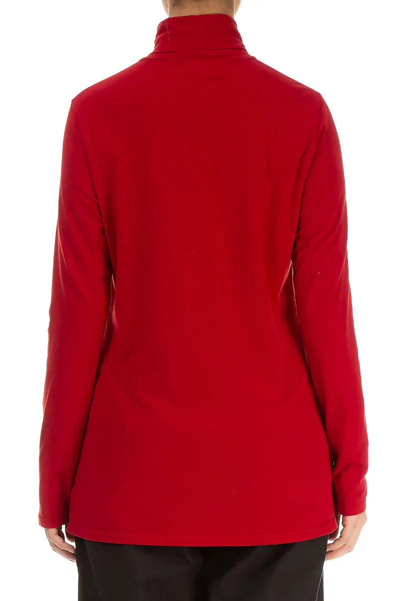 Turtleneck Cherry Red Cotton Blouse