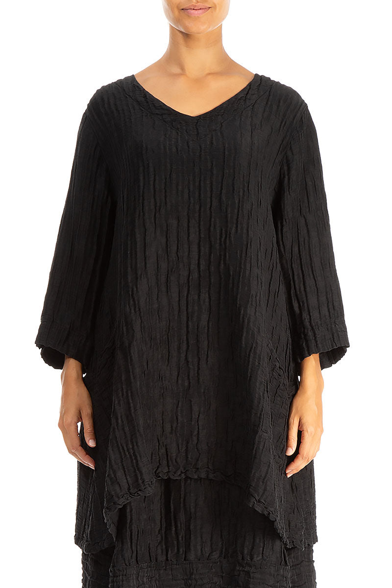 Twin Pockets Crinkled Black Silk Linen Tunic 1