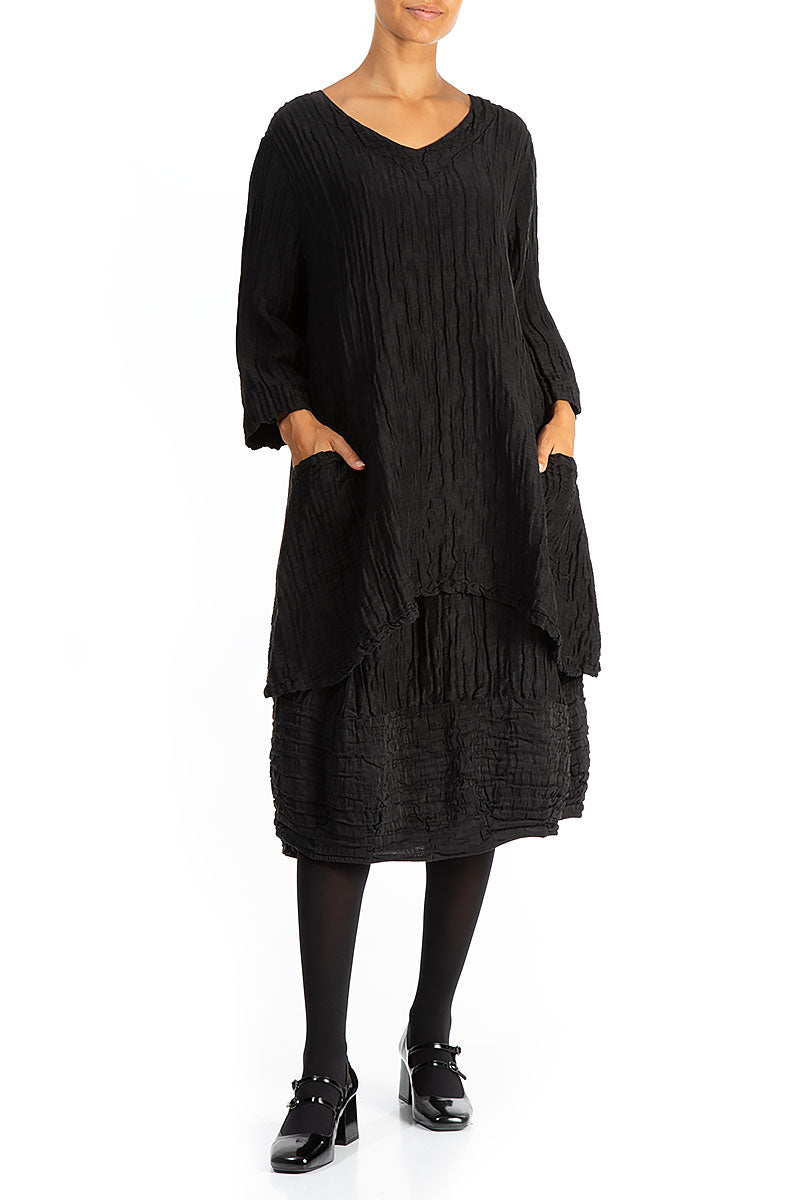 Twin Pockets Crinkled Black Silk Linen Tunic 4