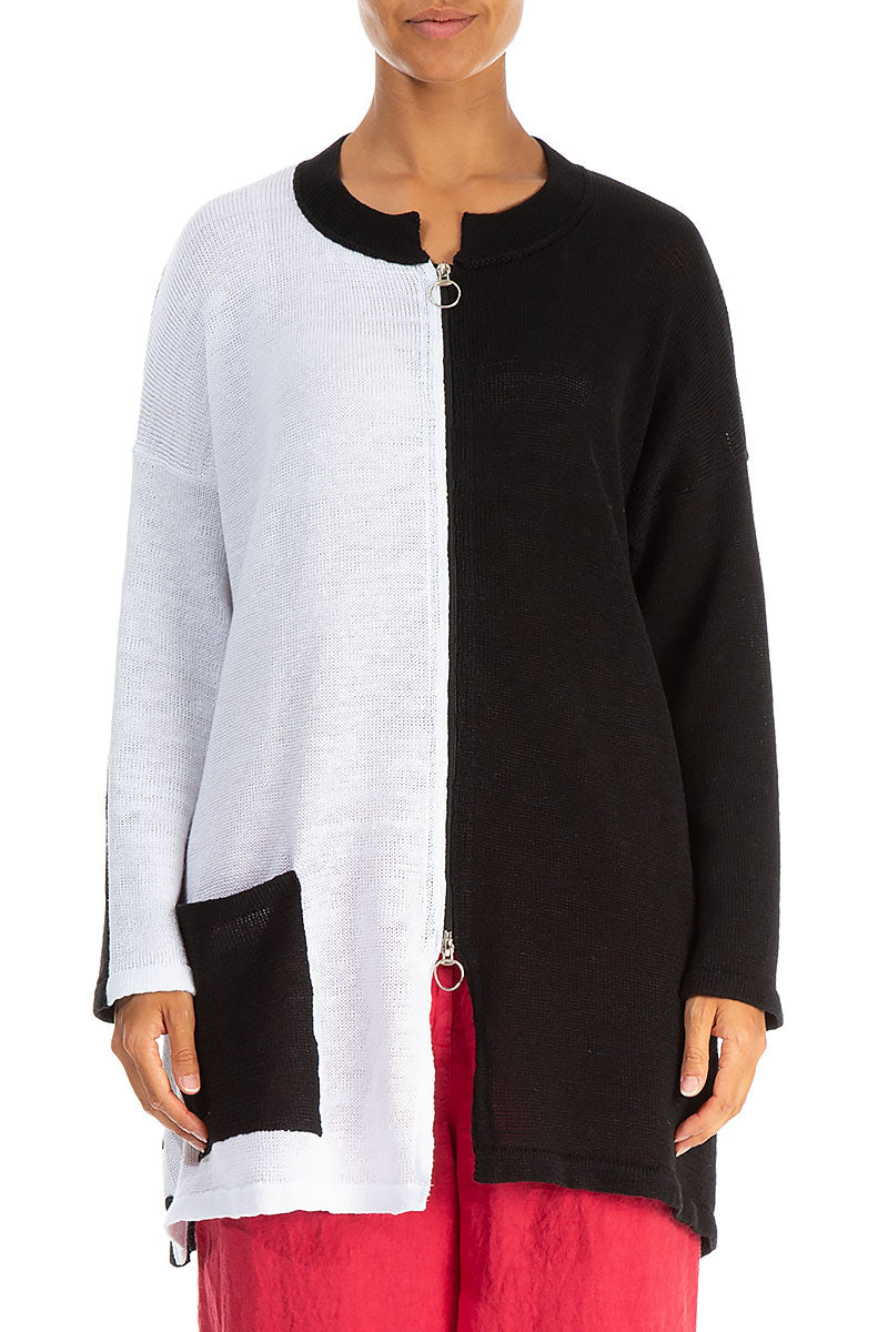 Two-Tone Black &amp; White Linen Cardigan 1