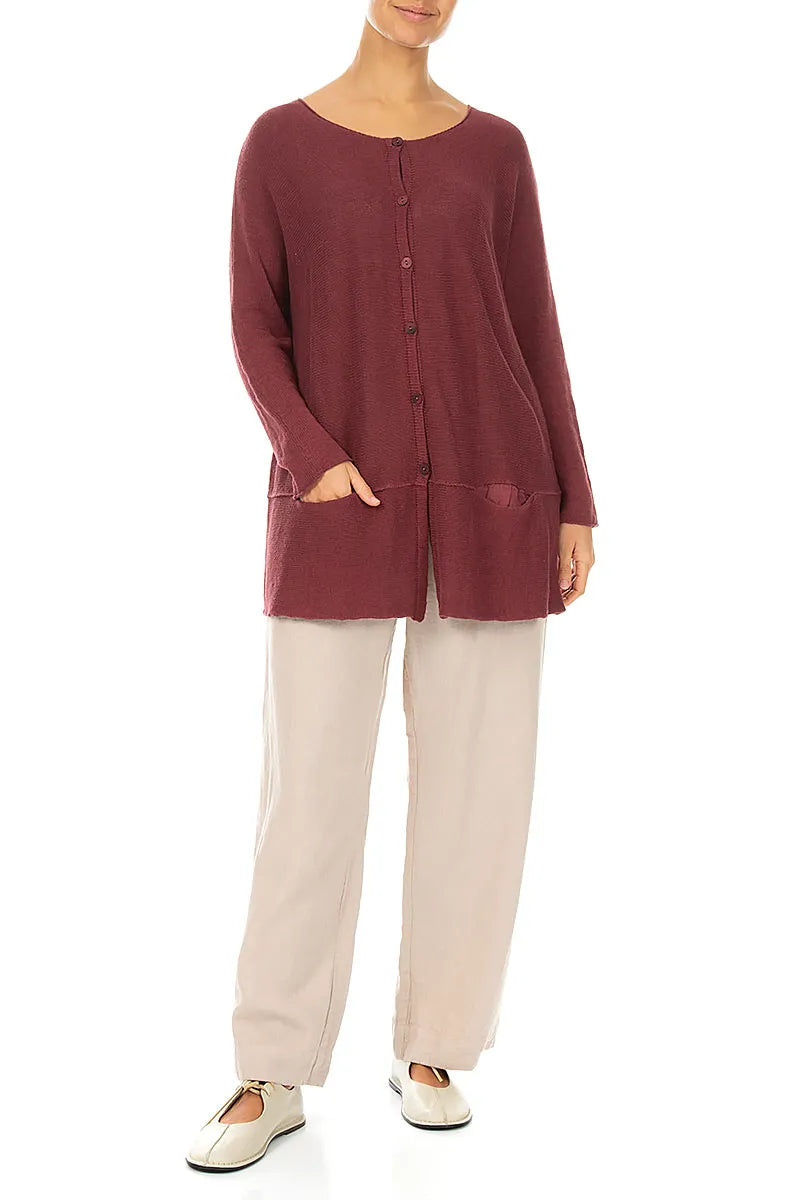 Loose Two Pockets Antique Ruby Linen Cardigan 4